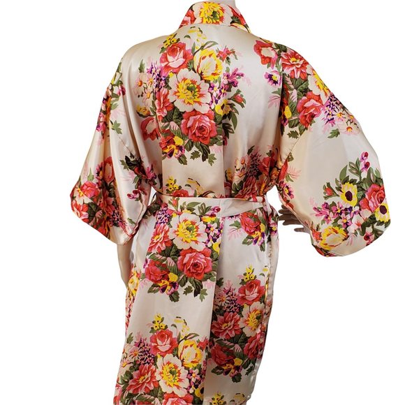 Satin Floral Women's L Dressing Robe Matching Tie Belt Knee Length - Picture 5 of 9